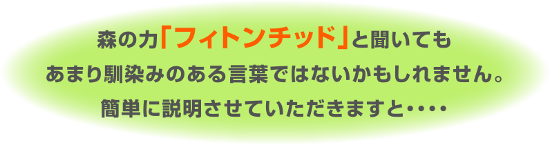 森の力「フィトンチッド」と聞いてもあまり馴染みのある言葉ではないかもしれません。簡単に説明させていただきますと・・・・